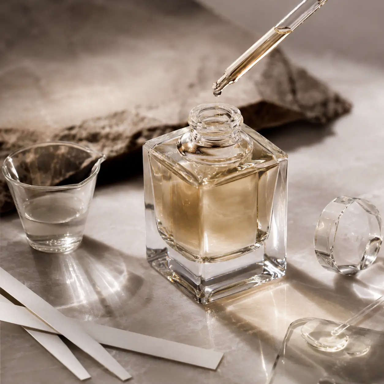Editorial perfumery composition focused on the fragrance itself